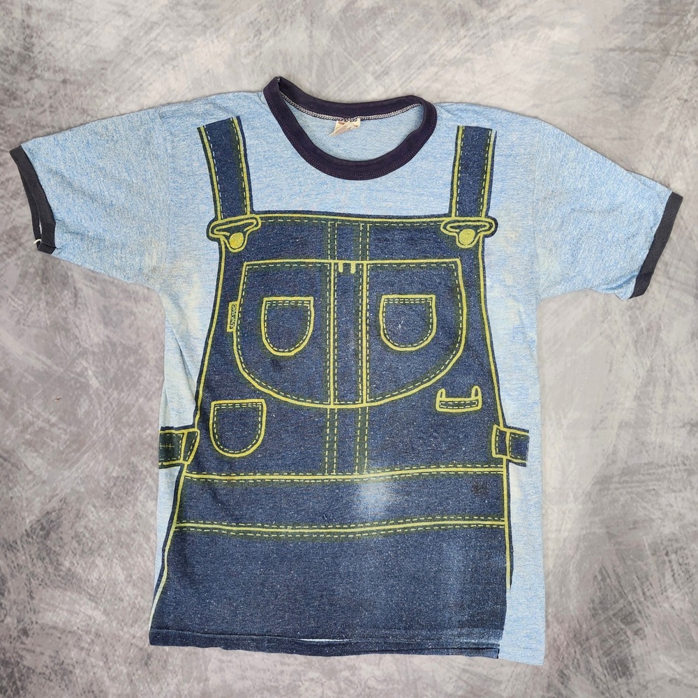 Vintage 70s Russell Gold Tag Junkyard Overalls Ringer T Shirt Distressed Medium